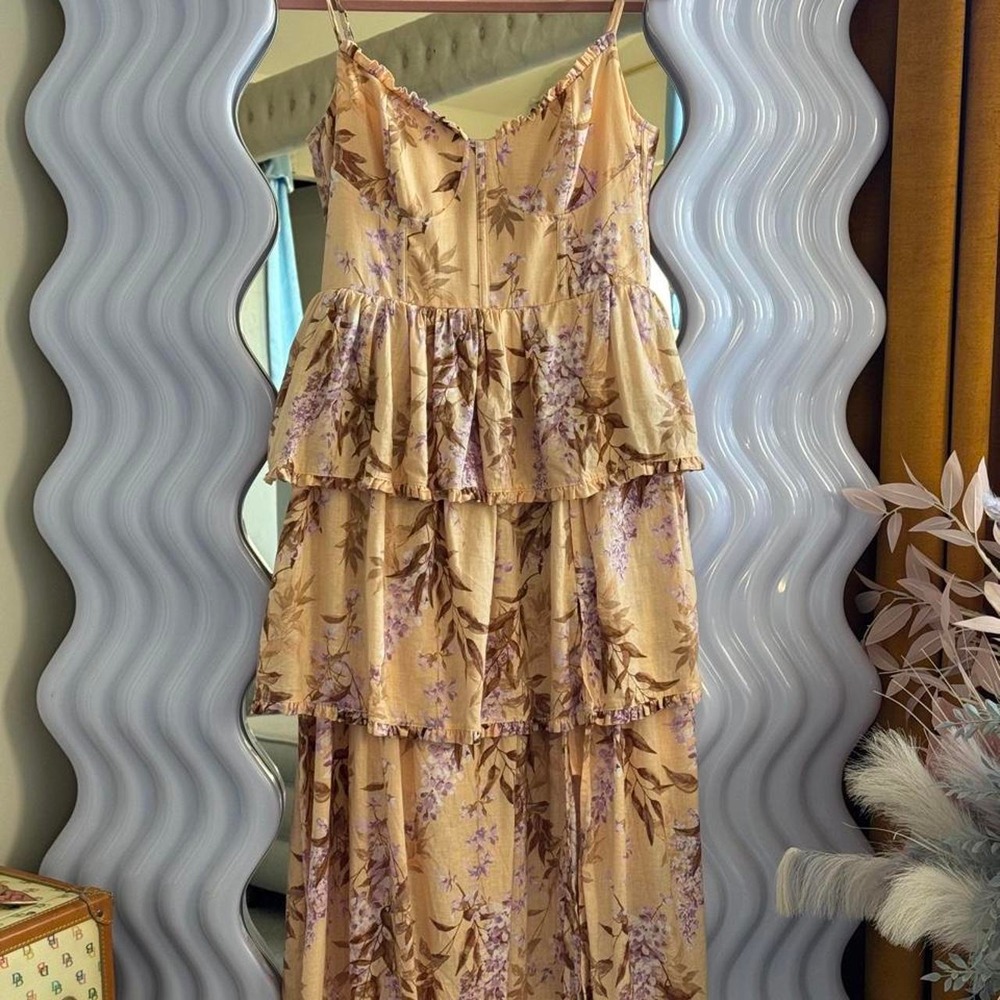 House of Harlow 1960 Floral Corset Tiered Ruffle Maxi Dress Peach Lavender Small